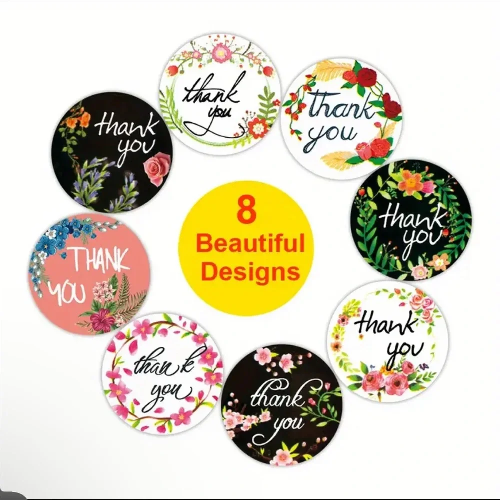 Roll of 500 Floral Thank You Stickers 8 Different Designs Colorful Flowers